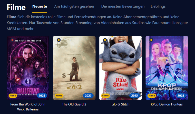 Screenshot der Filmpalast-Oberfläche mit verschiedenen Filmtiteln und Serienfolgen.
